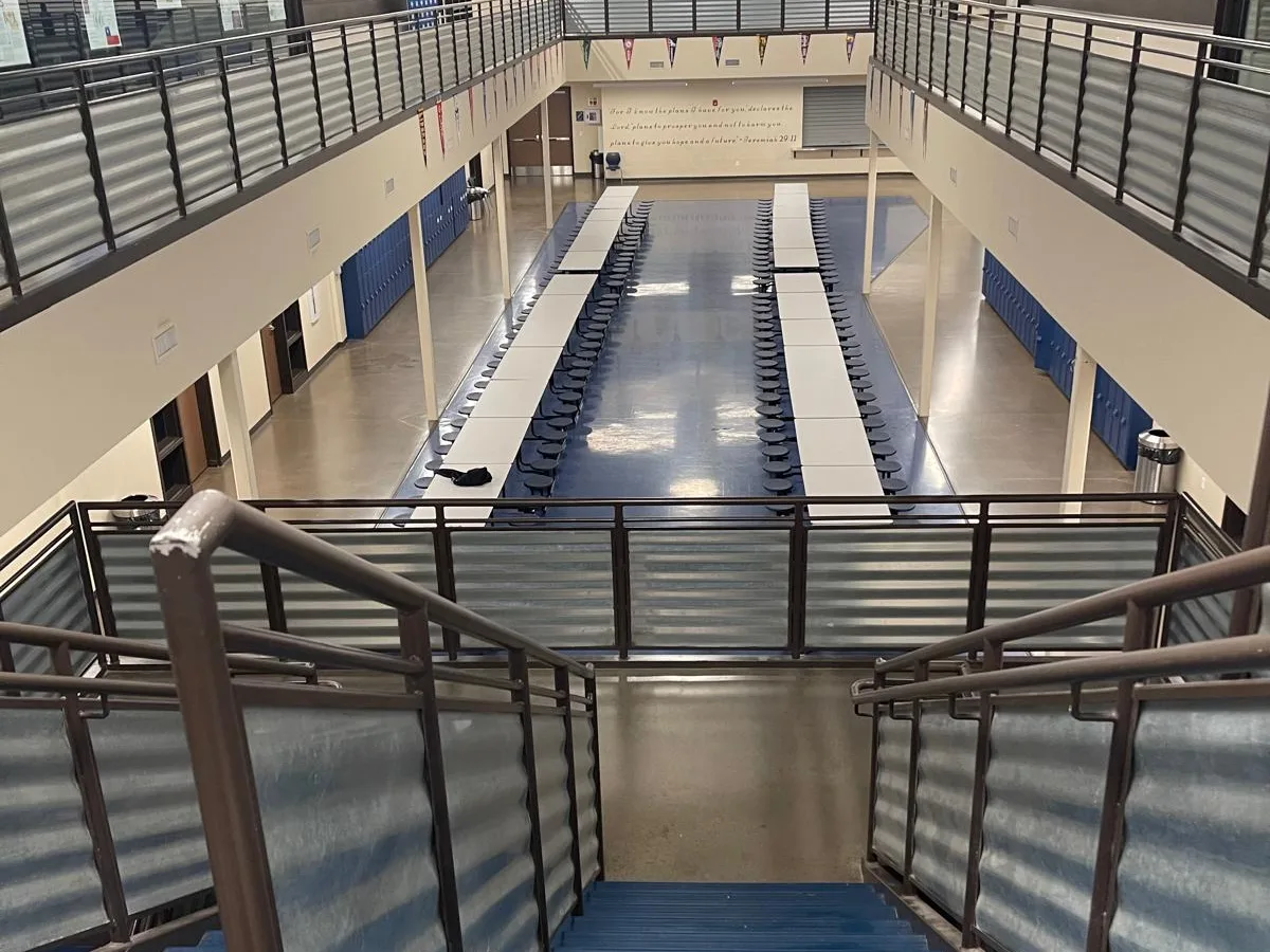 Two-level school hall with freshly waxed floors